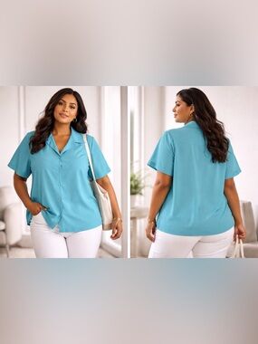 Notations Women’s Blouse 3X Turquoise Button Front Short Sleeve Collared Plus